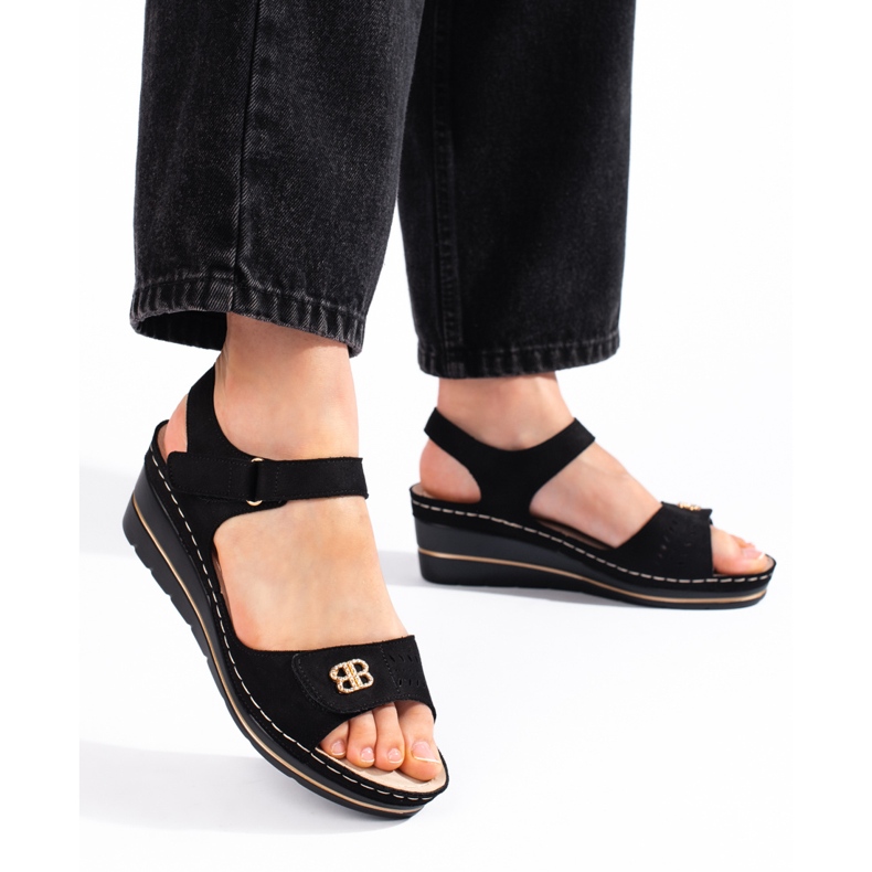 Sandale cu toc din piele de căprioară neagră negru 1