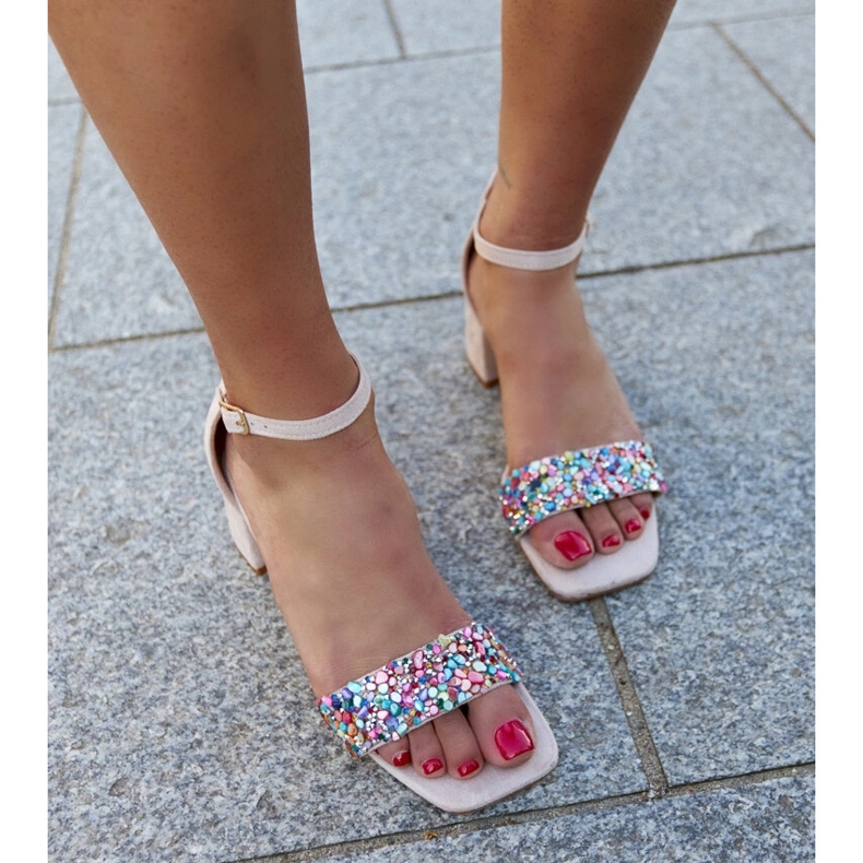 Sandale cu toc înalt cu pietre Ghuson colorate bej 1