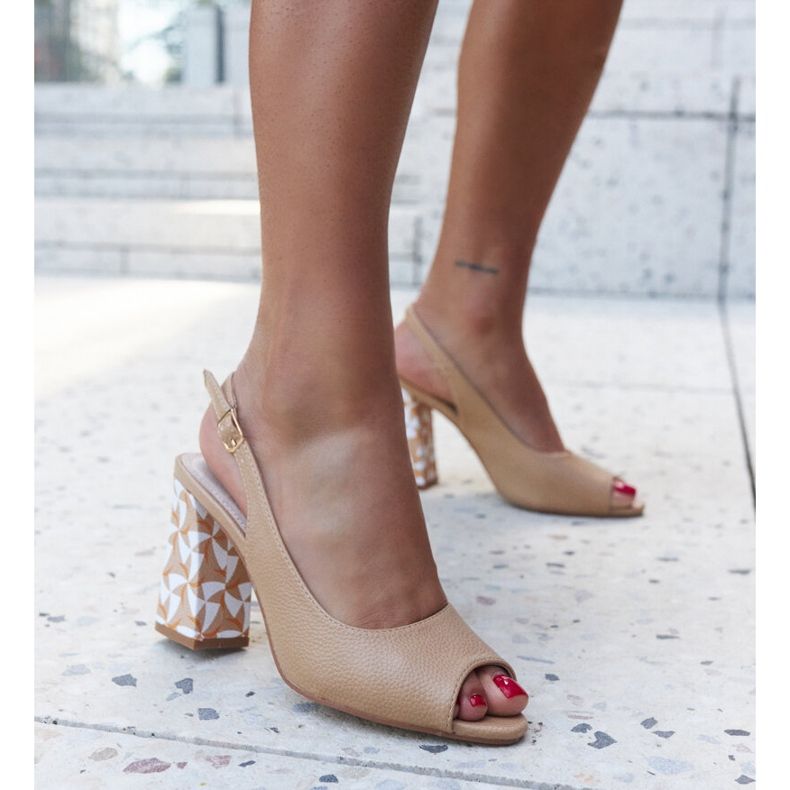 Sandale Hasna cu toc inalt cu toc decorativ bej 1