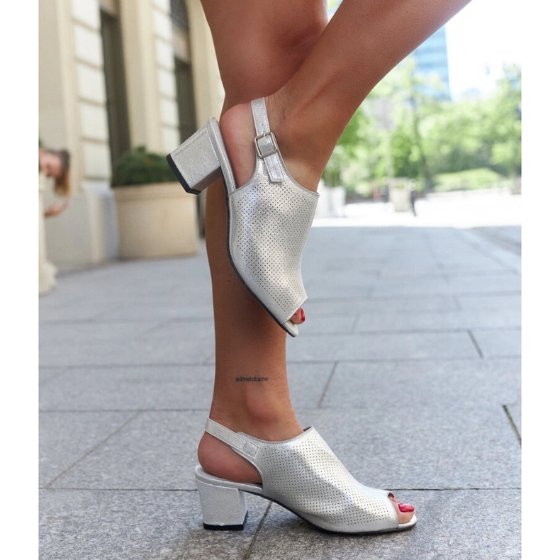 Sandale perforate cu toc înalt și branț din piele Lia argint 1