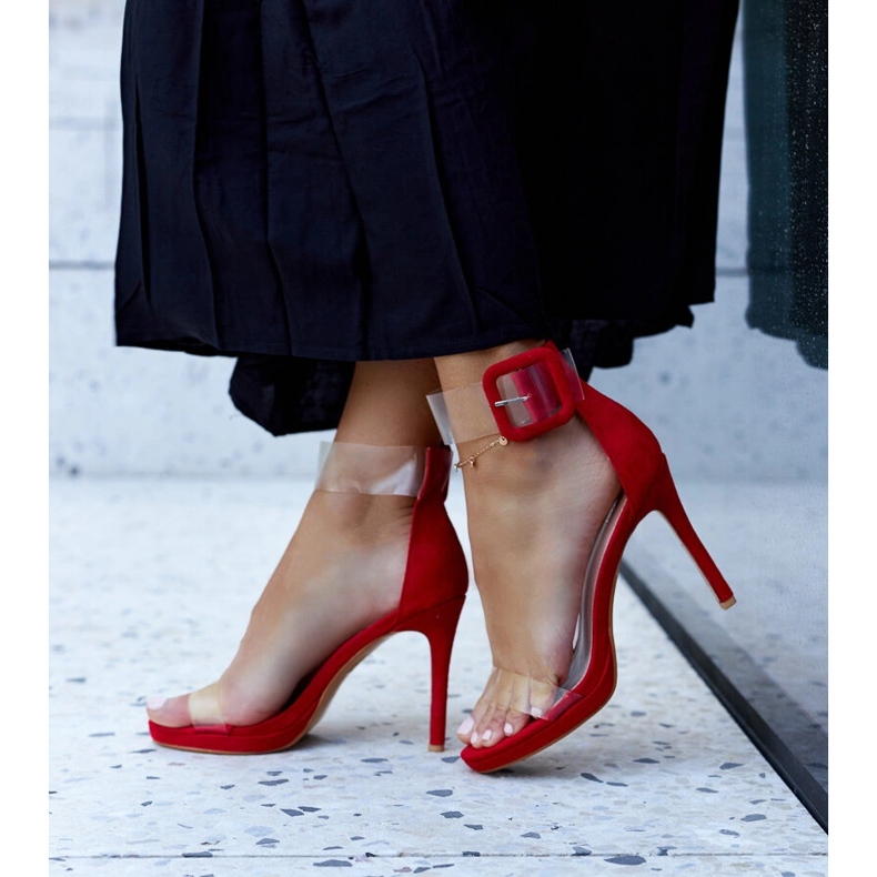 Sandale Janan cu toc inalt cu partea superioara transparenta roșu 2
