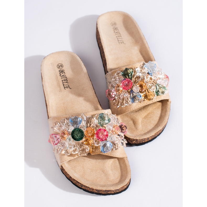 Papuci de damă din piele intoarsa bej 1