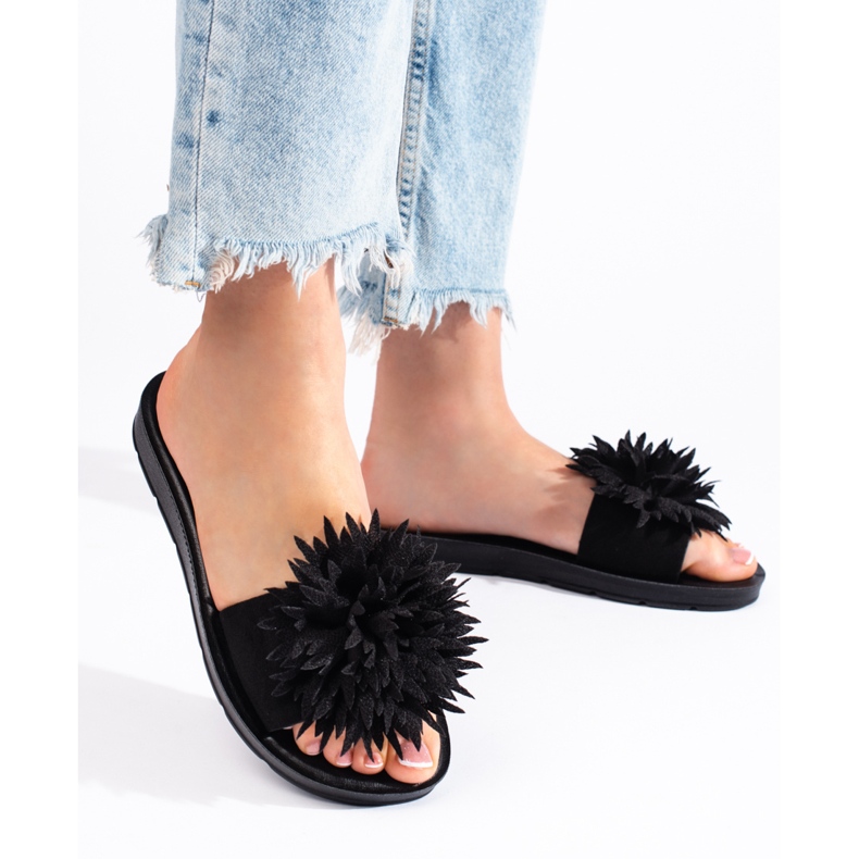 Flip-flops de damă de culoare cu o floare negru 1