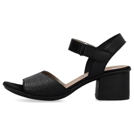 Sandale de damă confortabile din piele, cu toc înalt, cu velcro, Rieker negru 64693-00 1