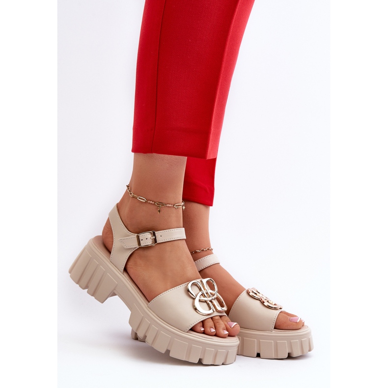 Sandale De Damă Bej Piele Cu Decor Auriu Vinceza 7910 2