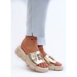 Flip-flops de damă din piele cu decorațiuni aurii pe pane Vinceza 41444 auriu de aur 2