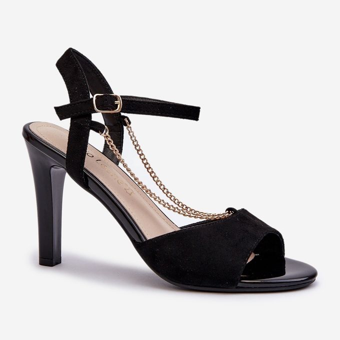 Sandale de damă cu toc înalt din piele ecologică cu lanț Sergio Leone SK925 negru 2