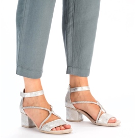 Sandale confortabile de damă cu toc înalt cu velcro, argintiu Rieker 64654-40 2