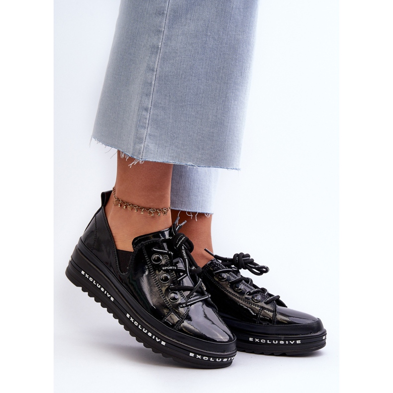 Pantofi De Dama Cu Sireturi Pe Platforma Piele Naturala S.Barski LR620 Negru 2