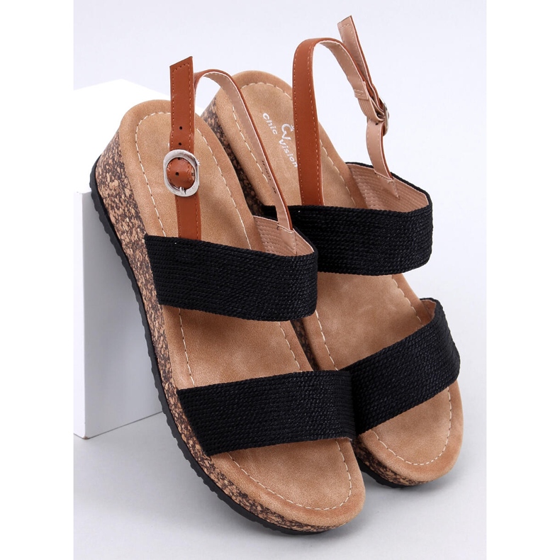 Wadoux Sandale cu pană din plută neagră negru 1