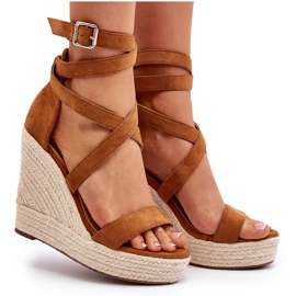 Sandale cu pană espadrille cu împletitură Camel maro 4