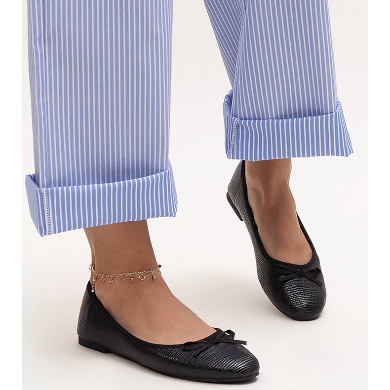 Balerini negri cu fundă și inserție din piele de la Rosaly negru 1