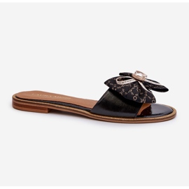 Flip-flops din piele plate pentru damă cu fundă Laura Messi 2791 negru 1