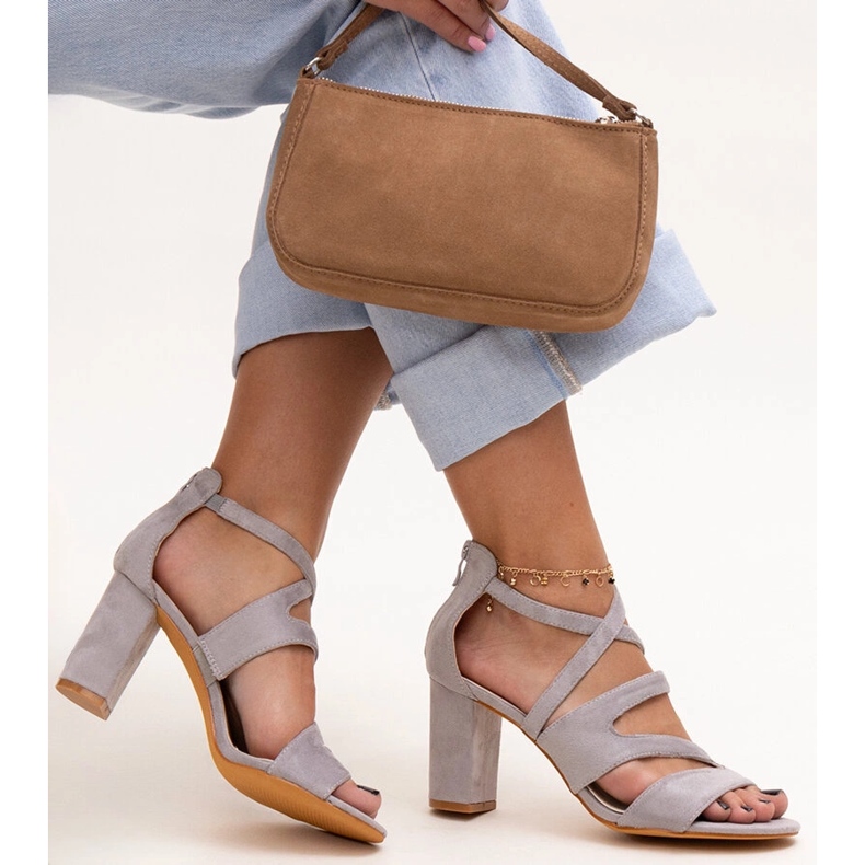 Sandale gri cu toc înalt și branț Yanick din piele 1