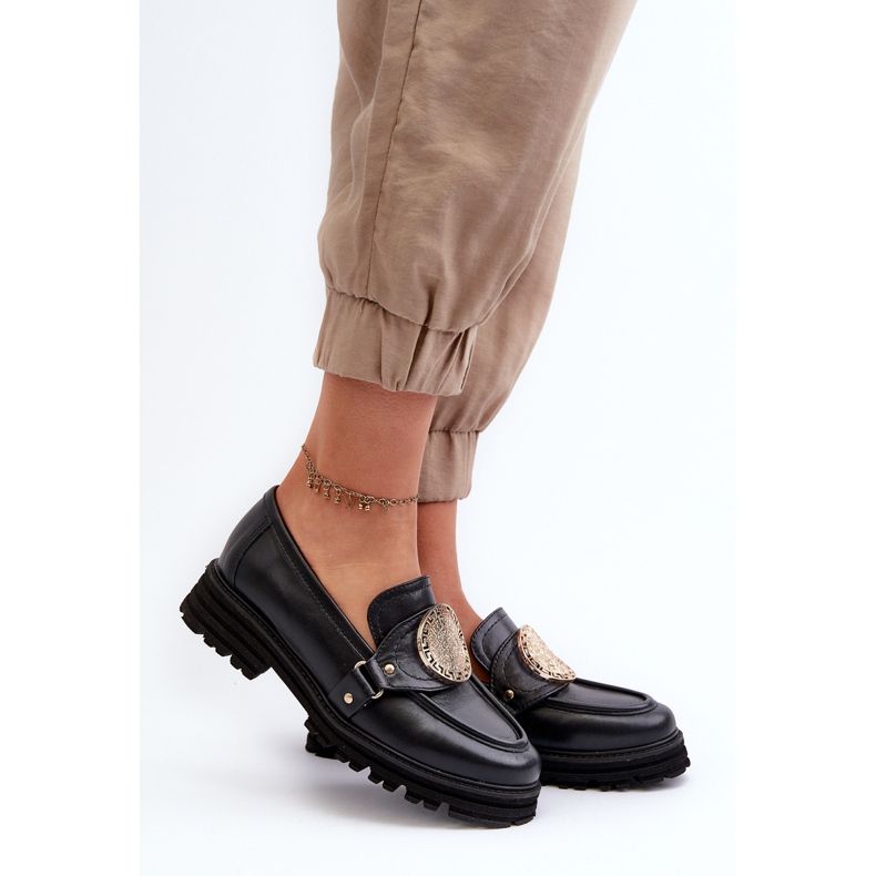 Zazoo 3485 Mocasini De Dama Cu Decorat Auriu, Piele Naturala negru 2