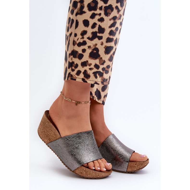 Flip-flops din piele pentru femei Zazoo 40291, cu pană din plută, grafit gri 2