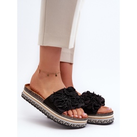 Flip Flops de dama cu platforma decorati cu flori, negru Nodina 1