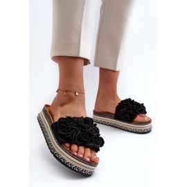 Flip Flops de dama cu platforma decorati cu flori, negru Nodina 2