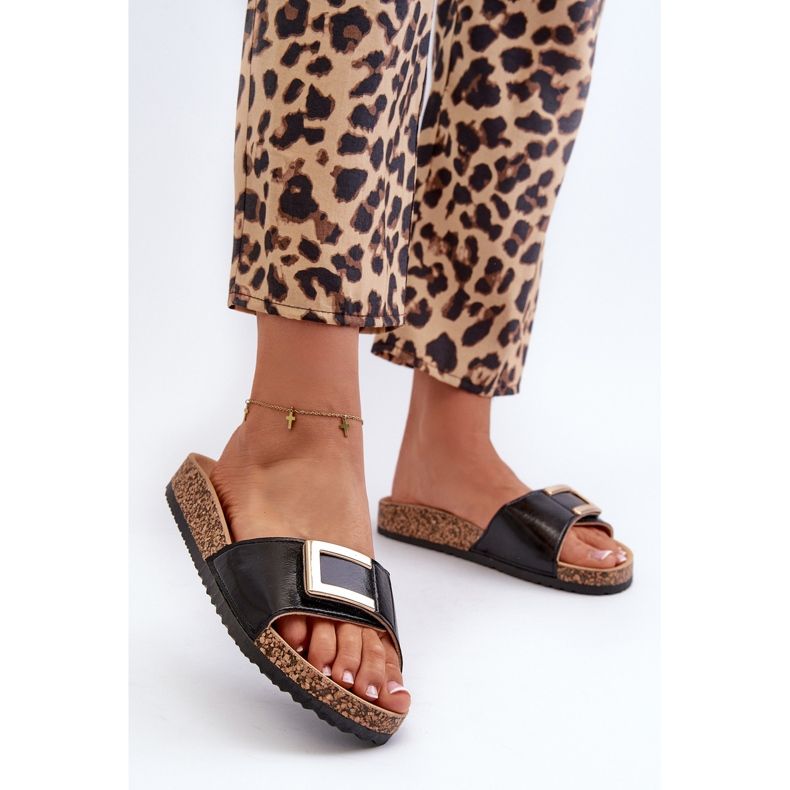 Flip-flops de damă pe o platformă din plută cu decor, Elleriome negru 2