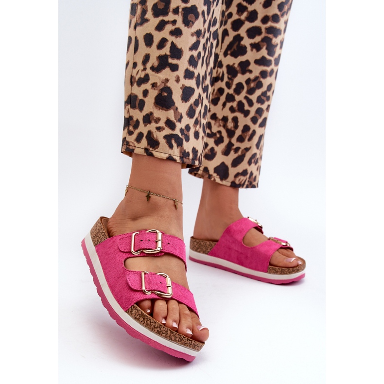 Flip-flops Dama Pe Platforma Cu Catarame Din piele intoarsa Eco Fuchsia Ursila roz 2