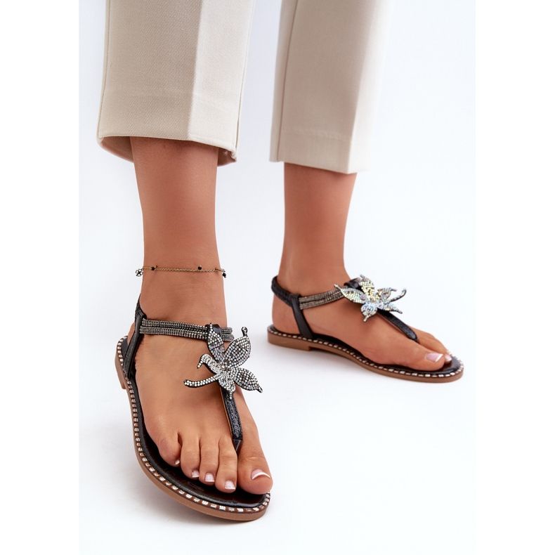 Sandale plate de dama cu o floare decorativa, Black Edoni negru 2