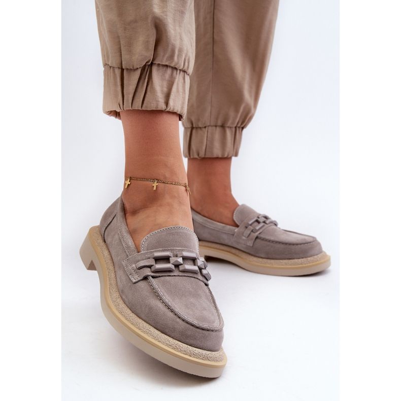 S.Barski Mocasini de damă din piele intoarsa cu toc plat cu decorare D&amp;A TW101 gri 2