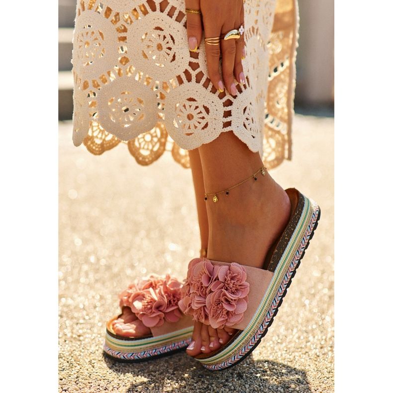 Flip Flops de dama cu platforma decorati cu flori, roz Nodina 2