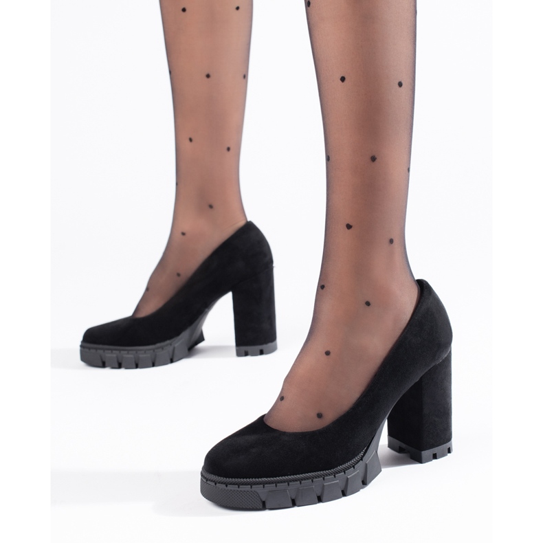 Pompi de dama de piele intoarsa neagra cu toc inalt negru 1