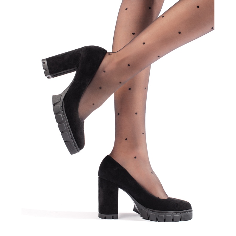 Pompi de dama de piele intoarsa neagra cu toc inalt negru 2