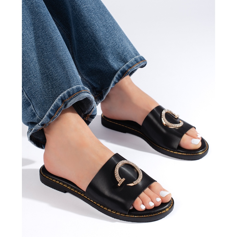 Flip-flops dama de culoare neagra cu element decorativ negru 1