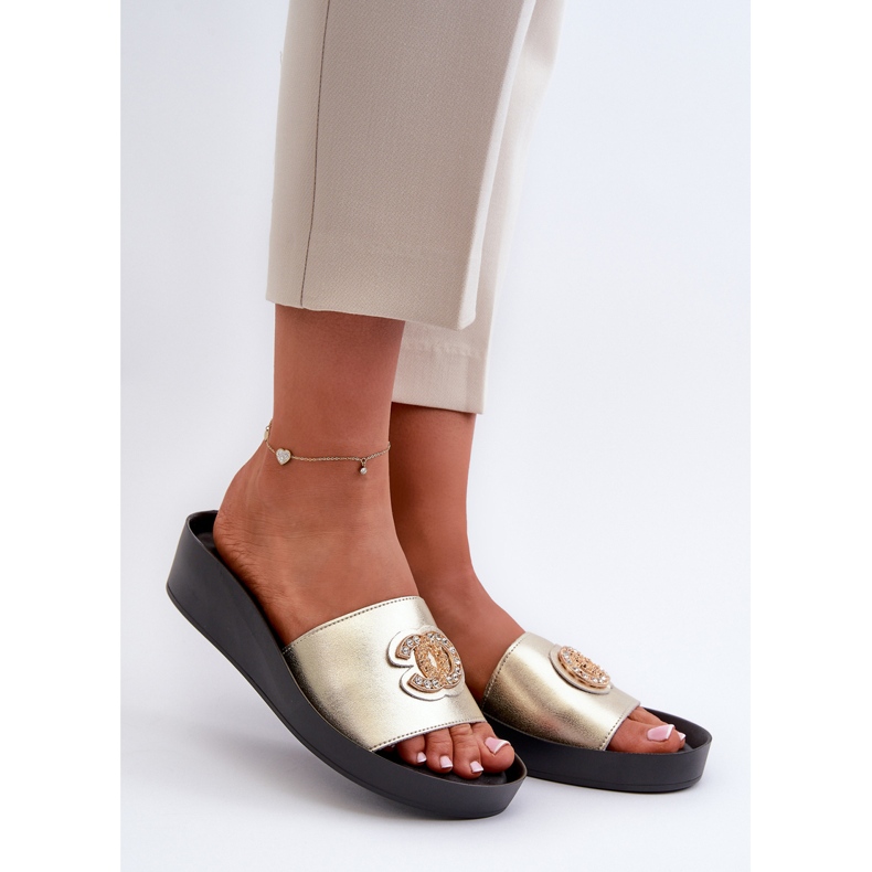 Flip-flops dama eleganti, usori, cu decor, piele naturala S.Barski KV27-013, auriu de aur 1