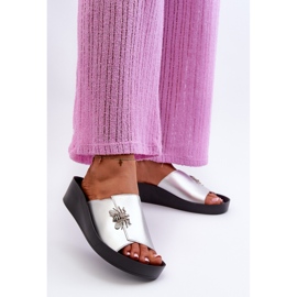 Flip-flops de damă eleganți cu decor, piele naturală S.Barski KV27-015 argintiu 2