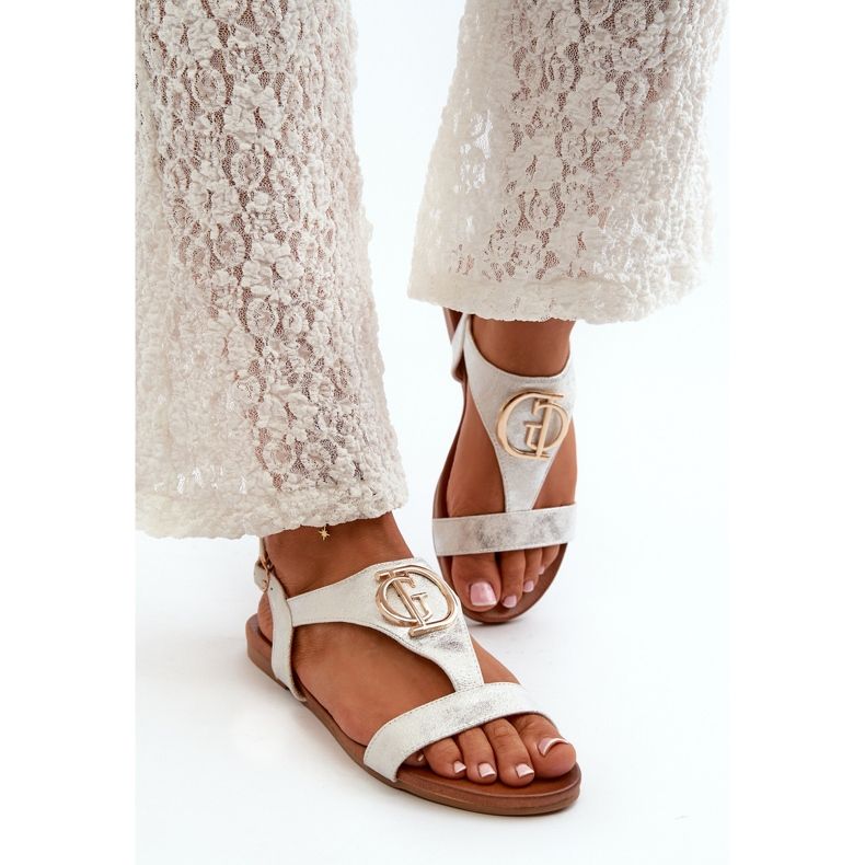 Sandale Plate Dama Cu Decorat Auriu S.Barski KV27-051 Alb si Argintiu 1