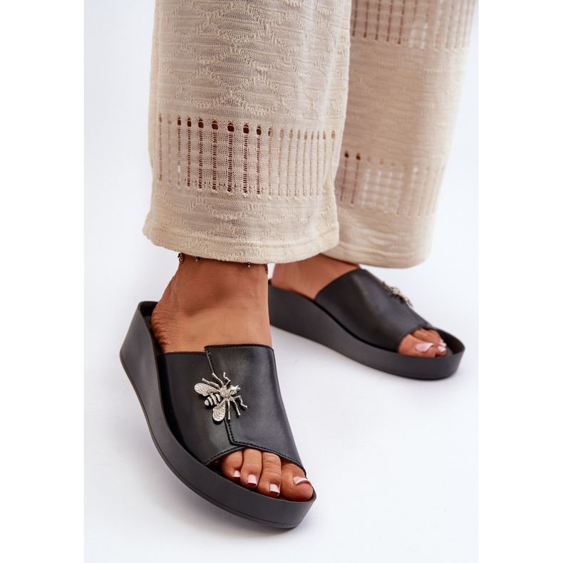 Flip-flops de damă eleganți cu decorațiuni, piele naturală S.Barski KV27-015 negru 2