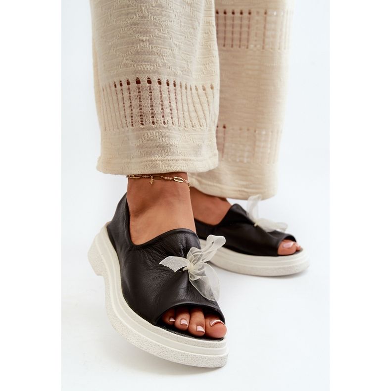 Sandale din piele pentru femei Zazoo 2939 cu fundă, negru 2