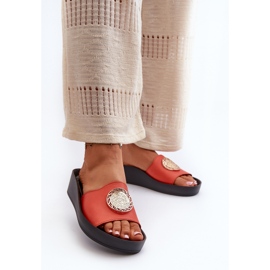 Flip-flops din piele pentru femei Zazoo 2920 cu detalii aurii, portocaliu portocale 2