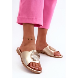 Flip-flops de damă cu toc plat, cu decor Rivashea auriu de aur 2 Flip-flops de damă cu toc plat, cu decor Rivashea auriu de aur 2