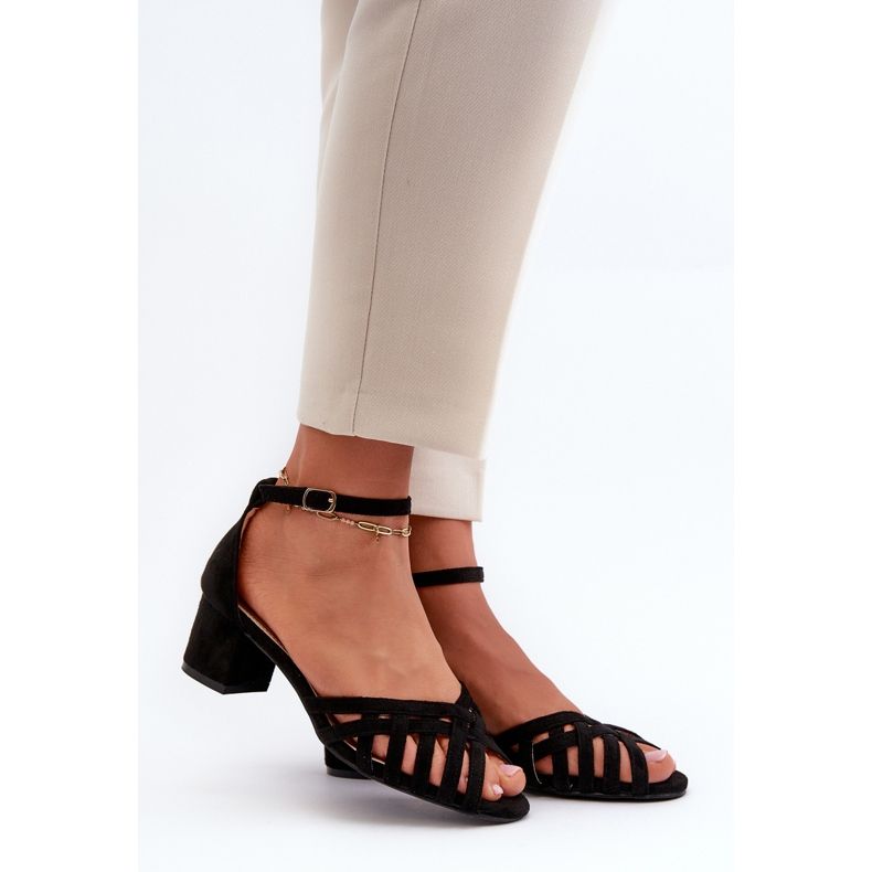 Sandale de dama din piele intoarsa ecologica cu toc mic, Monsha neagra negru 1