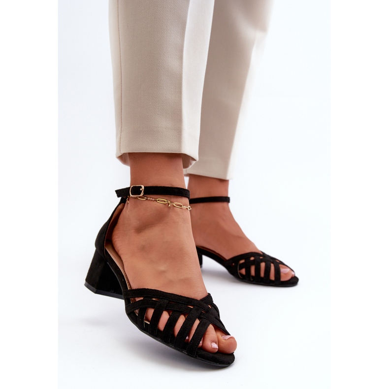 Sandale de dama din piele intoarsa ecologica cu toc mic, Monsha neagra negru 2