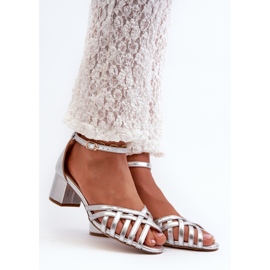 Sandale de damă din piele ecologică cu toc mic Monsha argintiu 1
