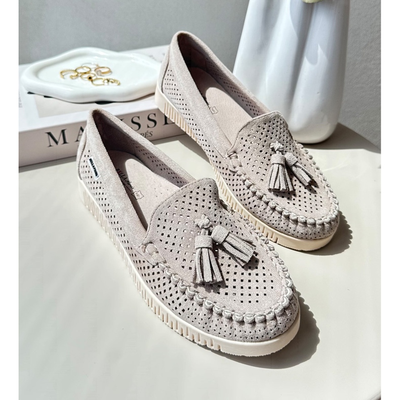 Mocasini ajurat de damă din piele de căprioară ecologică, tinami bej 1 Mocasini ajurat de damă din piele de căprioară ecologică, tinami bej 1