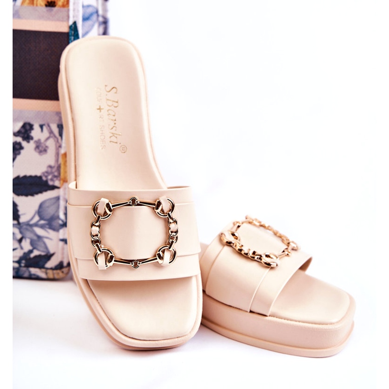 S.Barski Flip-flops din piele la modă pentru damă cu decor auriu, bej 3