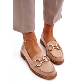 Vinceza Mocasini De Damă Bej De Căprioară Cu Decor Auriu 2