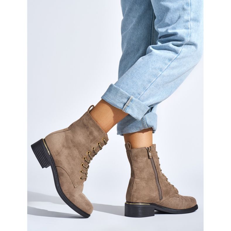 Botine de dama bej cu siret, cu toc jos 2