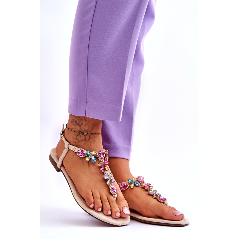 Sandale flip-flop din piele intoarsa bej cu pietre 4