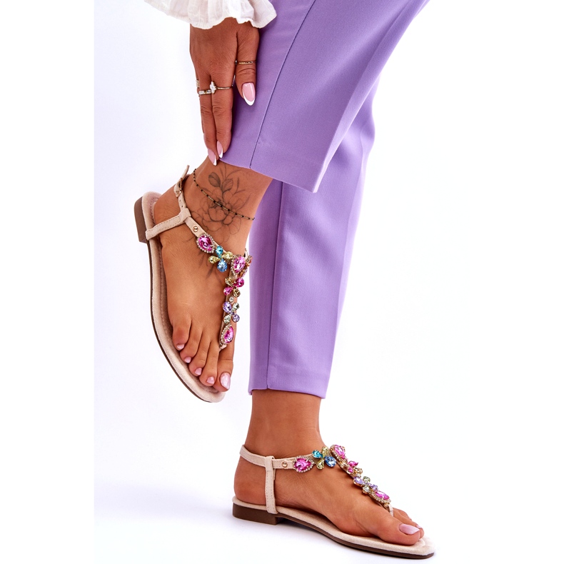 Sandale flip-flop din piele intoarsa bej cu pietre 3