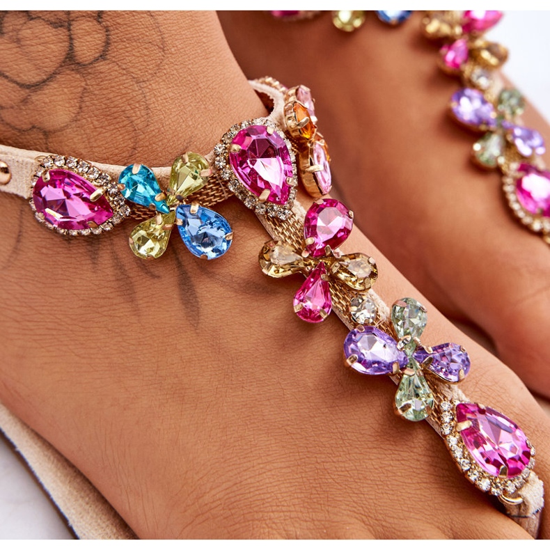 Sandale flip-flop din piele intoarsa bej cu pietre 2