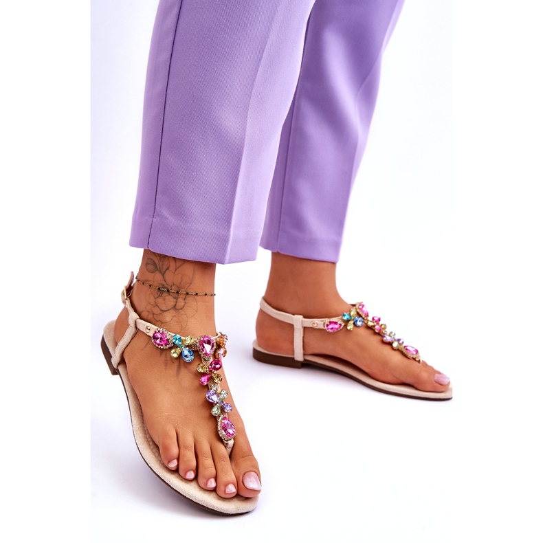 Sandale flip-flop din piele intoarsa bej cu pietre 1