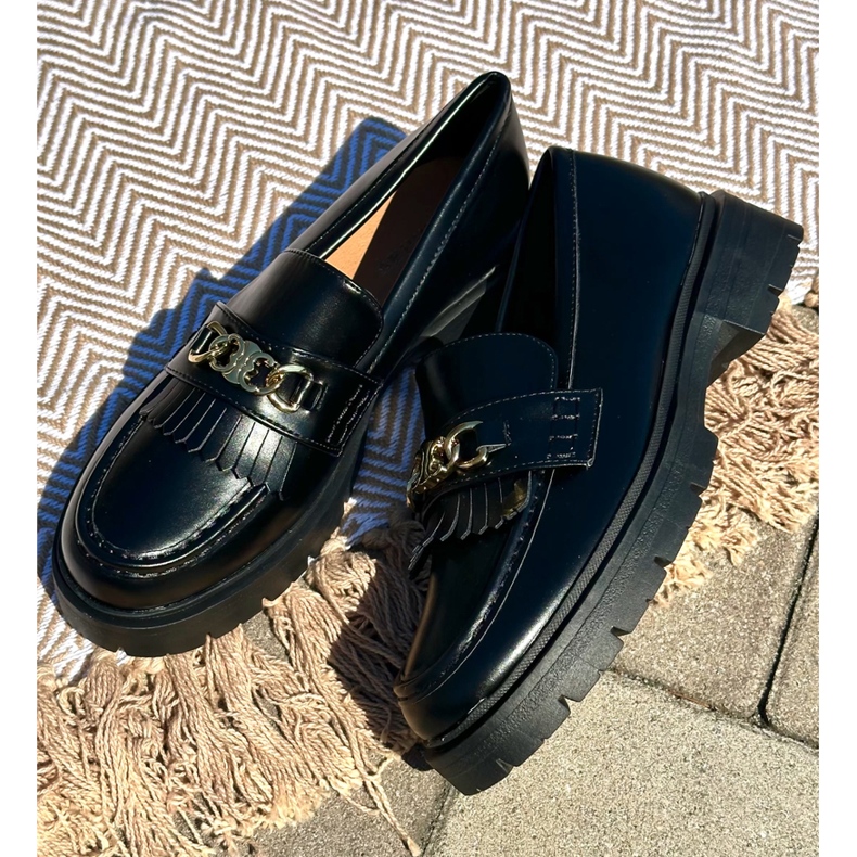 PH2 Mocasini Dama Piele Ecologica Cu Decorat Auriu, Zanita Neagra negru 1