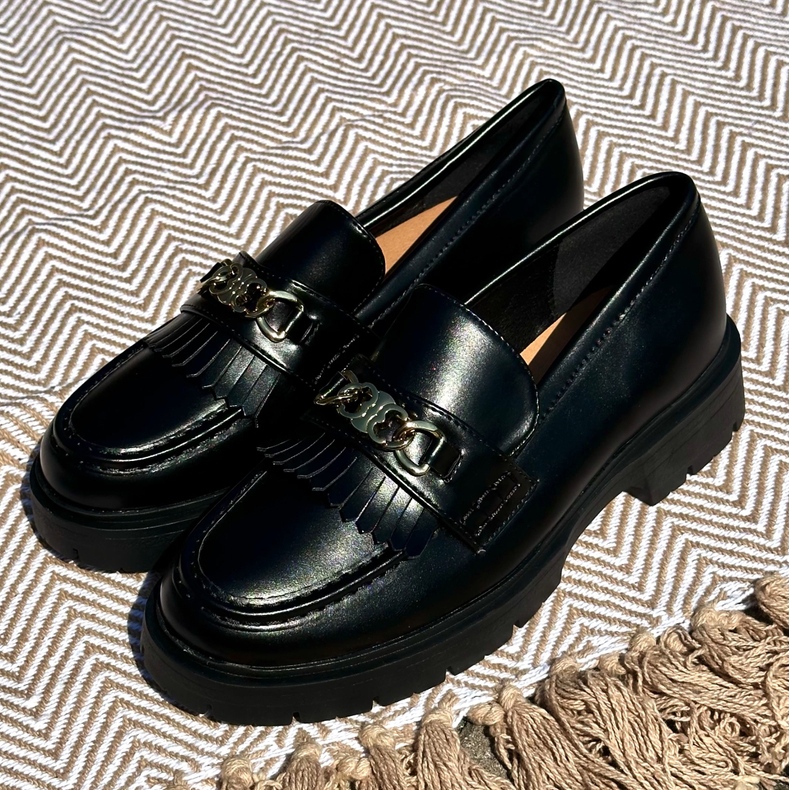 PH2 Mocasini Dama Piele Ecologica Cu Decorat Auriu, Zanita Neagra negru 2